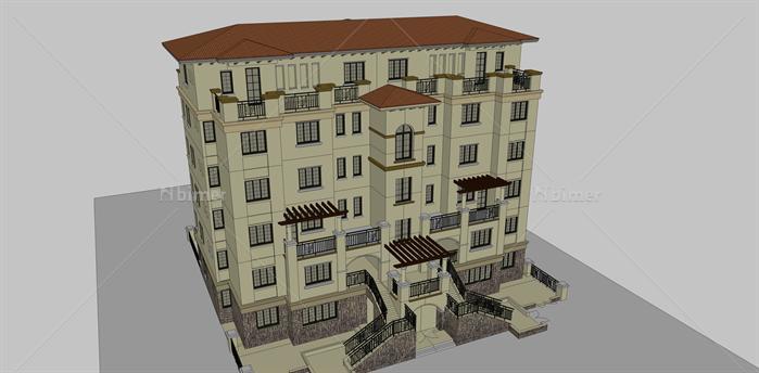 某地中海双拼小高层欧式别墅建筑设计方案SU模型
