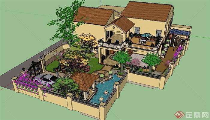 欧式两层别墅庭院设计SU模型模型