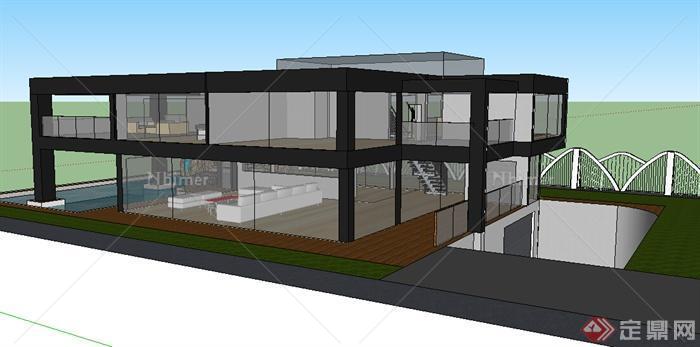 现代风格两层玻璃外立面住宅建筑带游泳池设计SU
