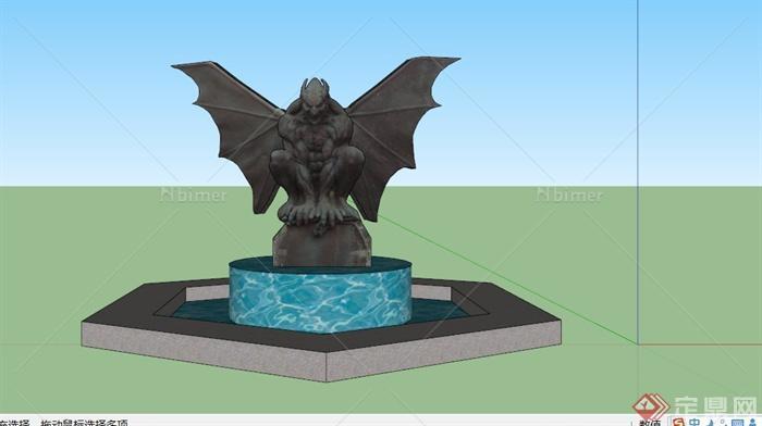 欧式暗黑蝙蝠雕塑水池景观SU模型