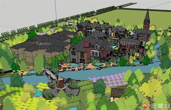 英式风格别墅住宅区建筑及景观设计SU模型[原创]