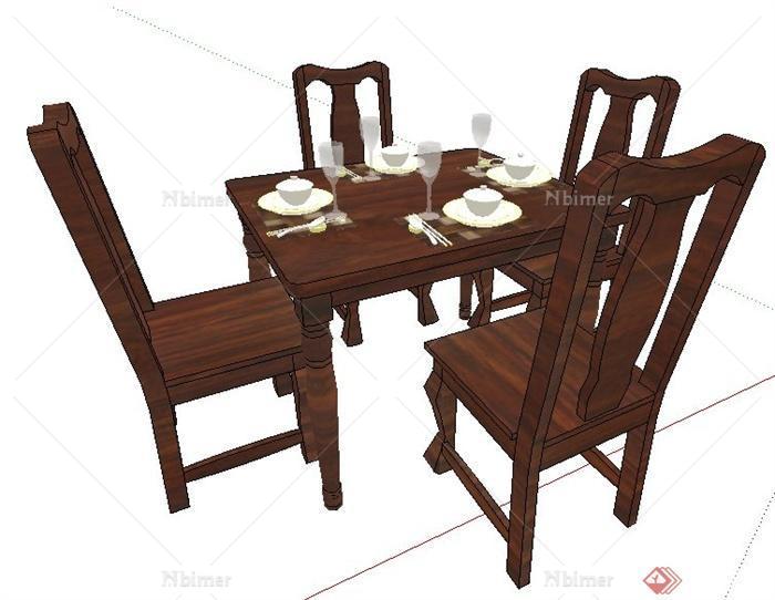 某现代中式风格木制餐桌椅su模型