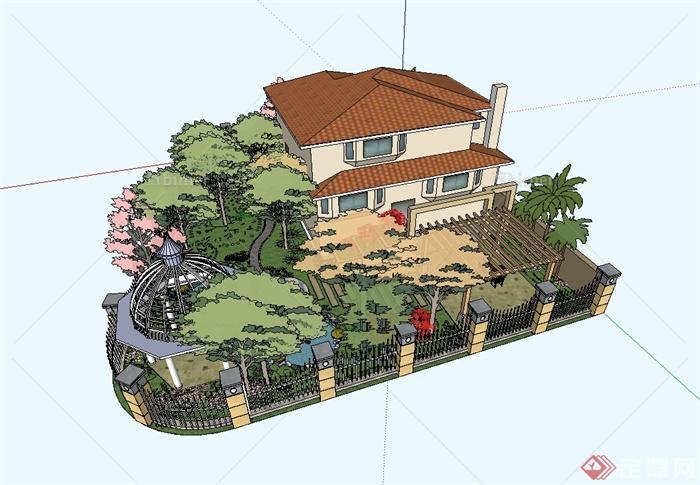 某欧式风格详细的别墅建筑及庭院花园设计su模型