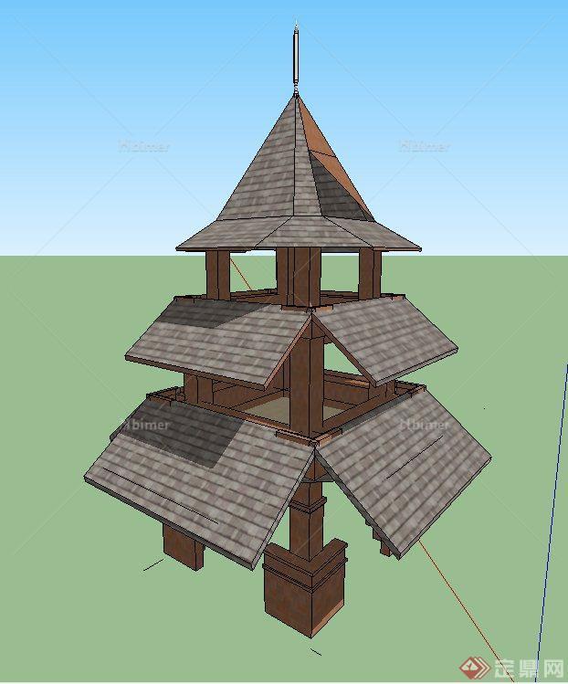 园林景观三层塔楼建筑设计SU模型