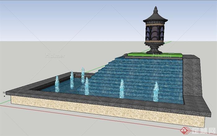 新古典叠水景观池su模型