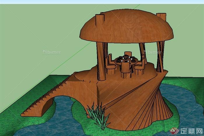 园林景观圆形木质亭子设计SU模型