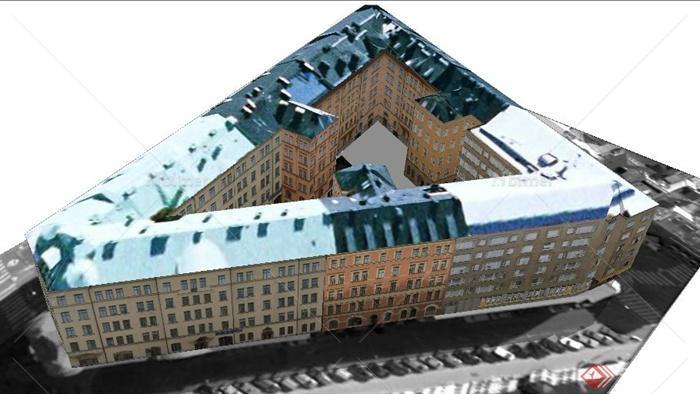 现代风格多层三角形办公楼建筑设计su模型