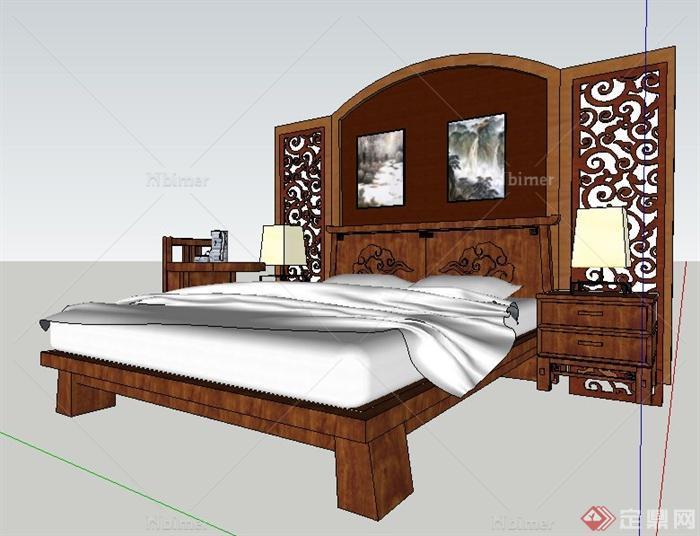 现代中式风格床及床头背景su模型