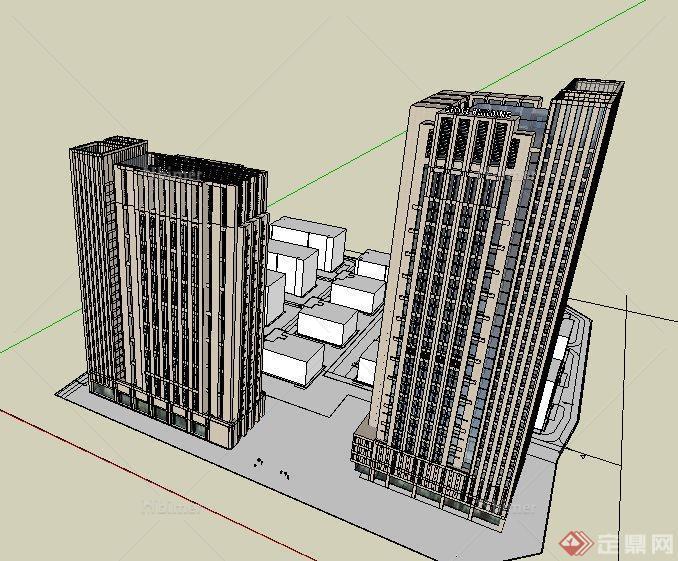 两栋现代高层独栋办公楼建筑设计su模型[原创]