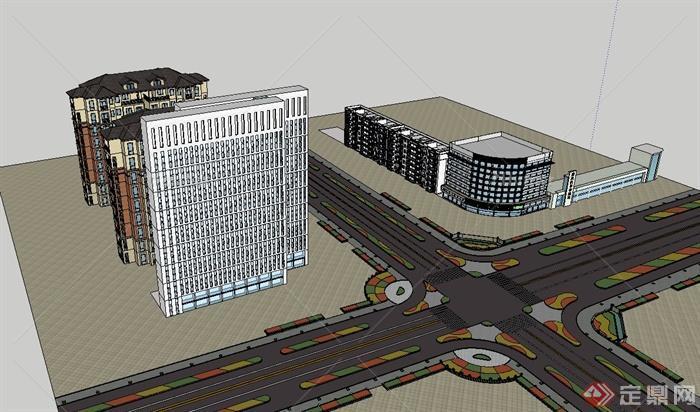 交通路口十字路设计及综合楼建筑设计su模型[原创