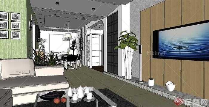 某现代风格室内精品客厅餐厅厨房设计SU模型[原创