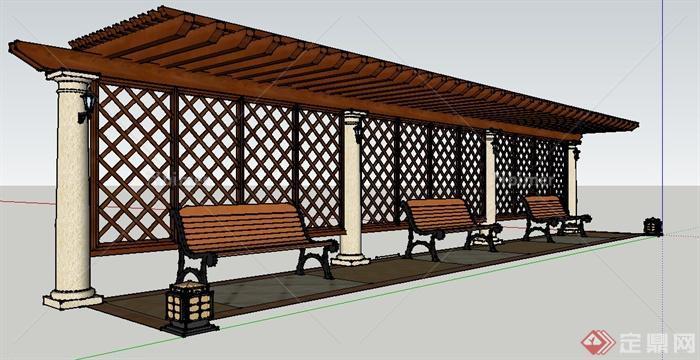 欧式风格木制长廊架、座椅、园灯su模型
