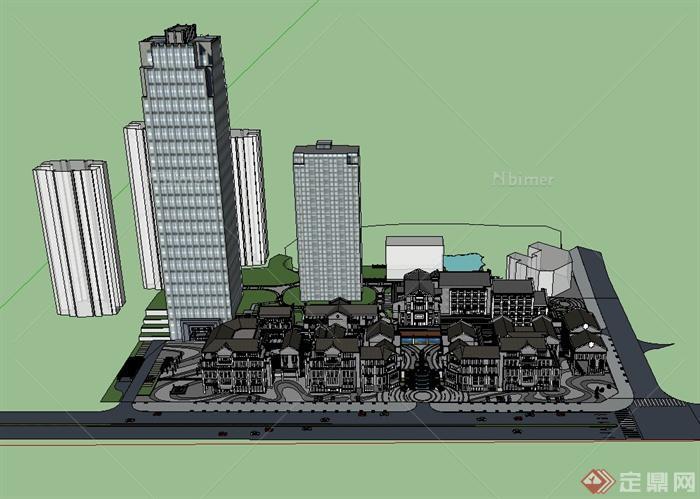 某现代中式风格多层商业建筑及高层办公楼设计su