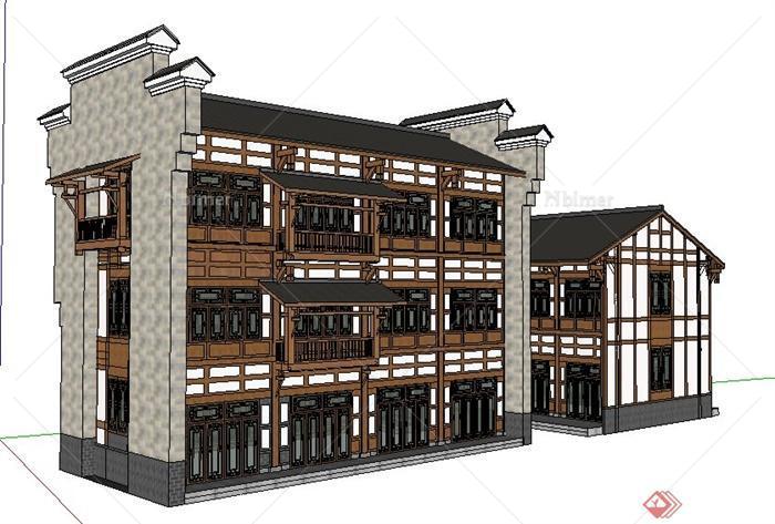 现代中式风格驿站客栈建筑设计su模型
