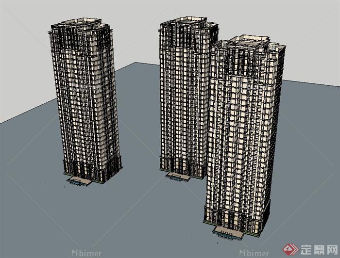 现代风格三栋高层住宅建筑楼设计su模型[原创]