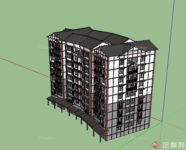现代中式联排小高层住宅建筑设计SU模型