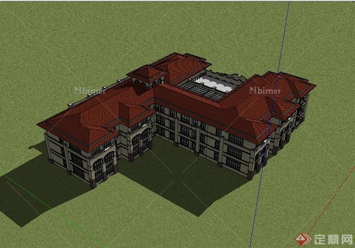 西班牙风格完整幼儿园建筑楼设计su模型[原创]