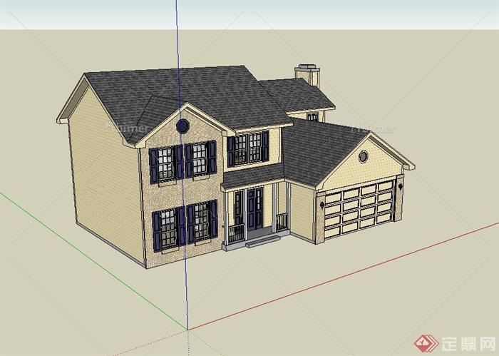 美式独栋完整别墅建筑楼设计su模型[原创]
