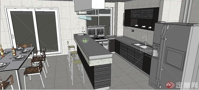 室内设计现代厨房及餐厅室内设计su模型