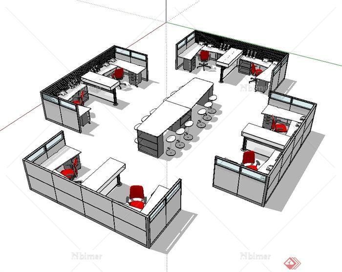 某现代风格室内办公桌办公椅设计su模型[原创]