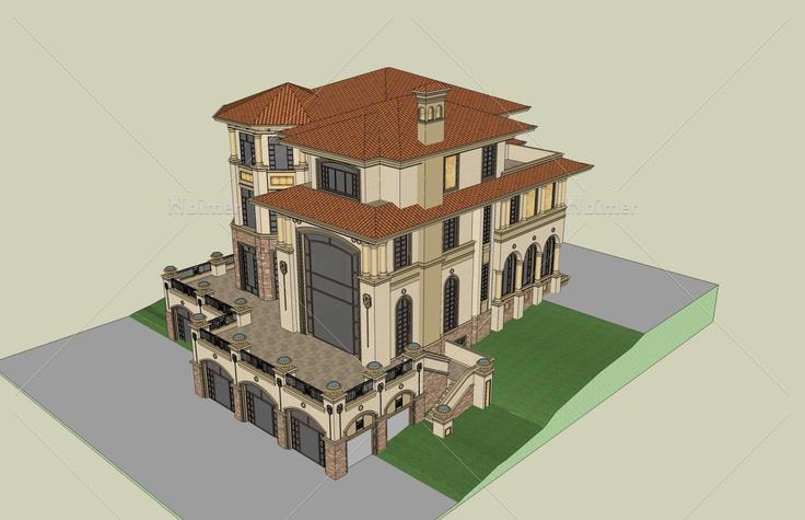 西班牙风格独栋别墅(46015)su模型下载