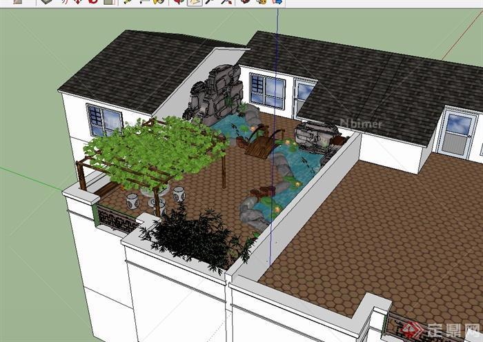 某现代风格住宅屋顶花园庭院设计SU模型[原创]