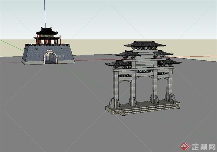 中国古典中式风格详细城门及牌坊门设计su模型[原