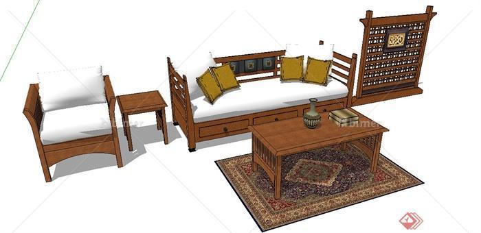 中式风格沙发茶几组合家具设计su模型[原创]
