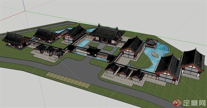 古典中式滨水住宅建筑设计su模型[原创]