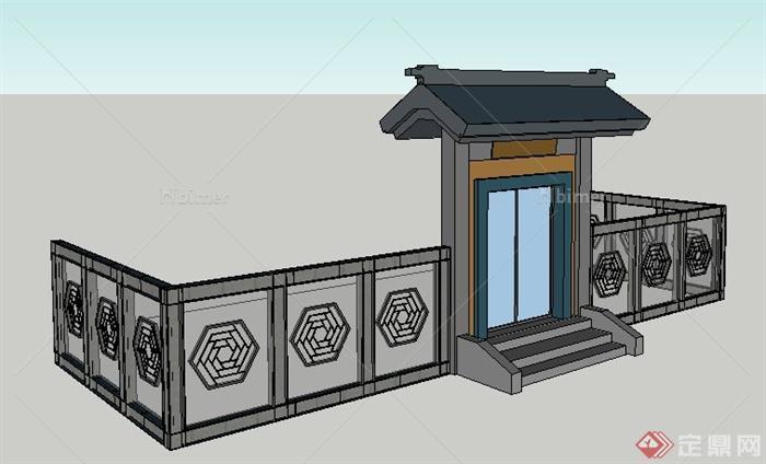 中式风格庭院门及围栏su模型