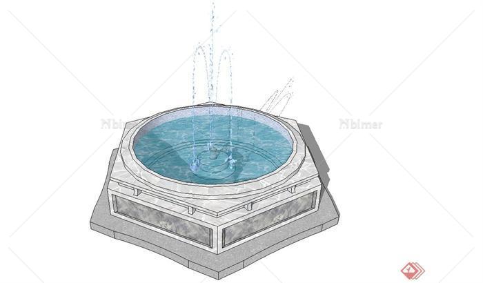 现代中式风格圆形喷泉水池设计SU模型[原创]