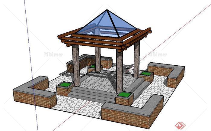 一个现代中式风格四角古典景观亭SU设计模型素材