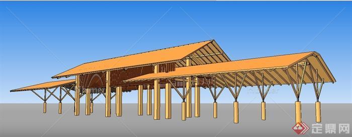 中式风格大门门廊设计su模型