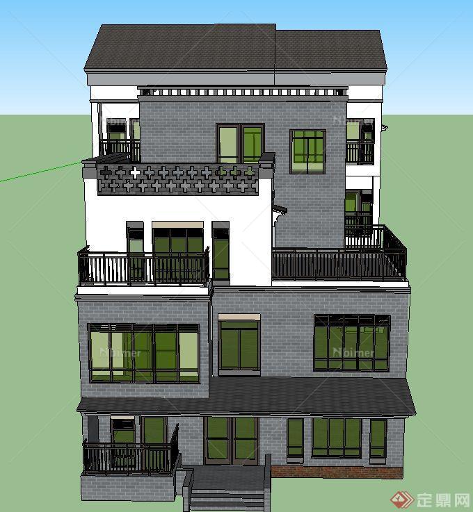 现代中式四层独栋别墅建筑设计SU模型
