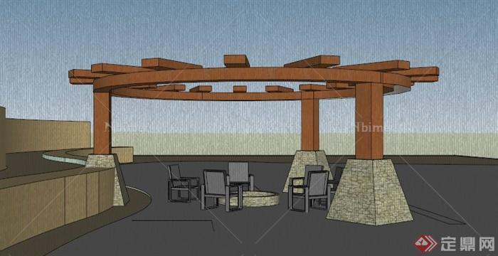 圆形木质休闲廊架设计SU模型