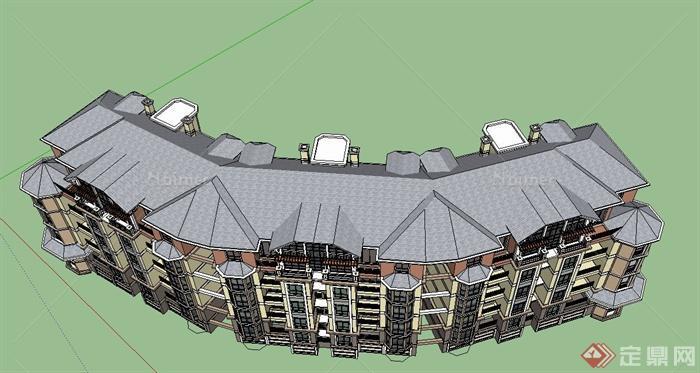 某欧式五层弧形联排住宅公寓建筑设计SU模型