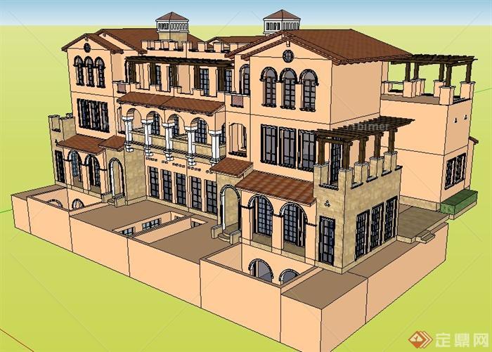 地中海风格拼接别墅住宅建筑设计su模型