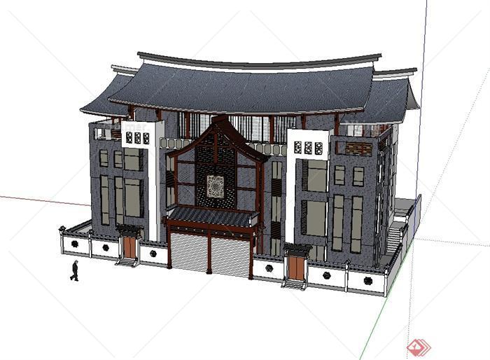 古典中式风格双拼别墅建筑设计su模型[原创]