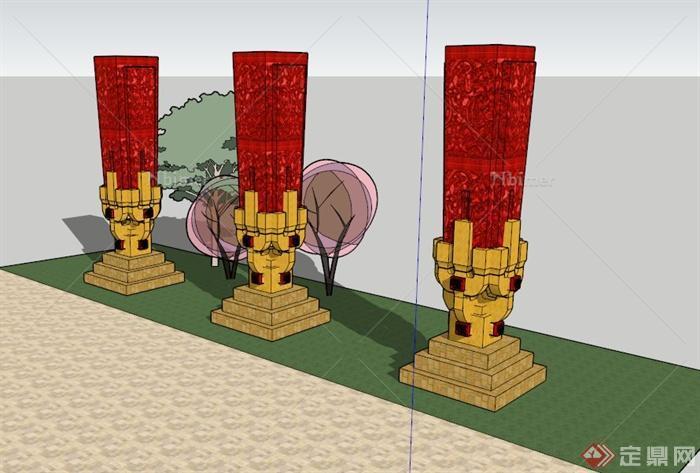 三个红色中式雕塑小品设计SU模型