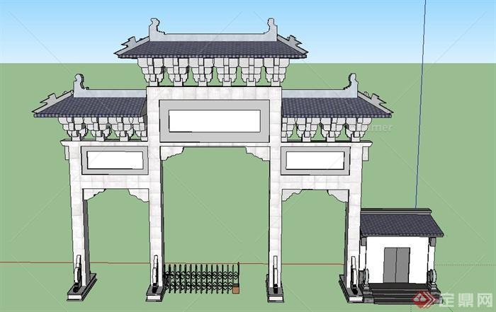 古典中式牌坊门廊与门卫室设计SU模型