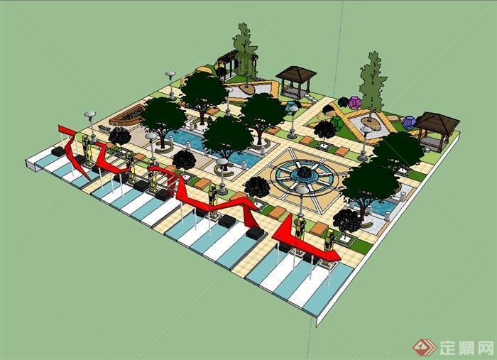 现代风格详细小型广场景观设计su模型[原创]