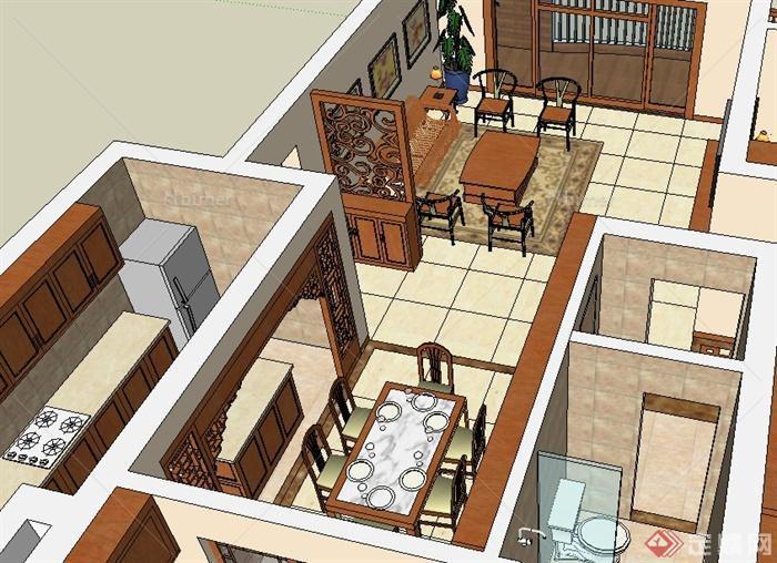 现代中式风格三居室室内设计su模型