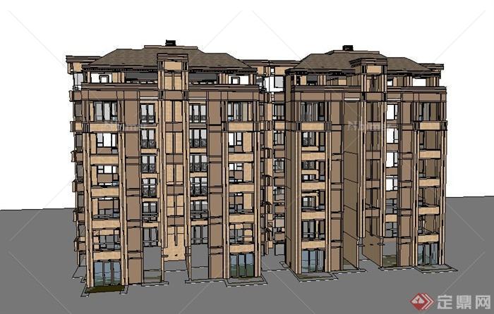 新古典风格7层花园洋房住宅楼建筑设计su模型[原
