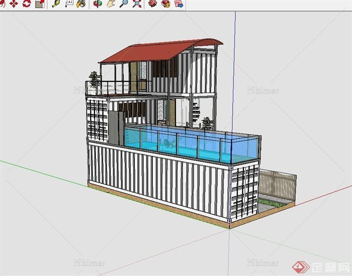 某现代风格详细精致集装箱别墅建筑设计SU模型[原