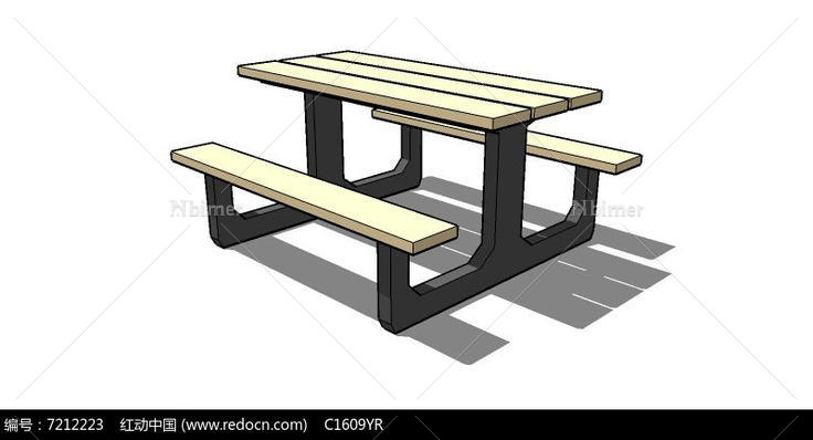 户外白色木质铁质连体桌椅组合su模型