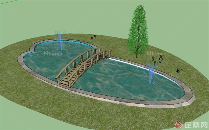 某现代景观木桥、喷泉水池设计su模型