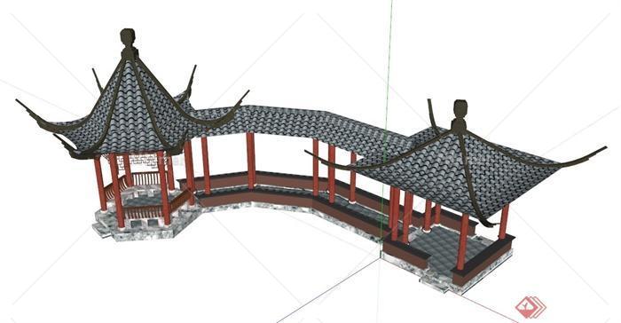 古中式双亭廊道组合设计SU模型