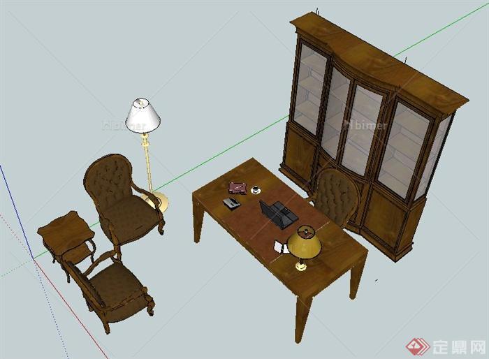 中式风格书桌椅、书柜、沙发边几su模型