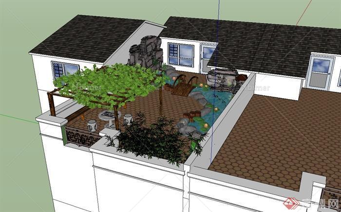 某现代中式风格屋顶庭院花园设计su模型[原创]