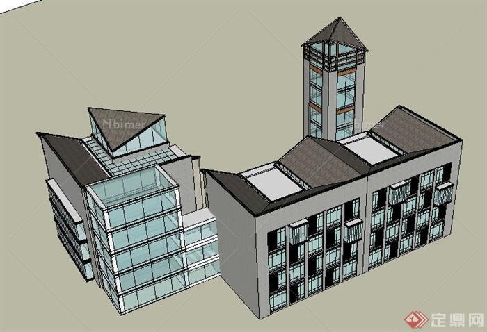 现代四层办公楼及景观塔楼设计Su模型[原创]
